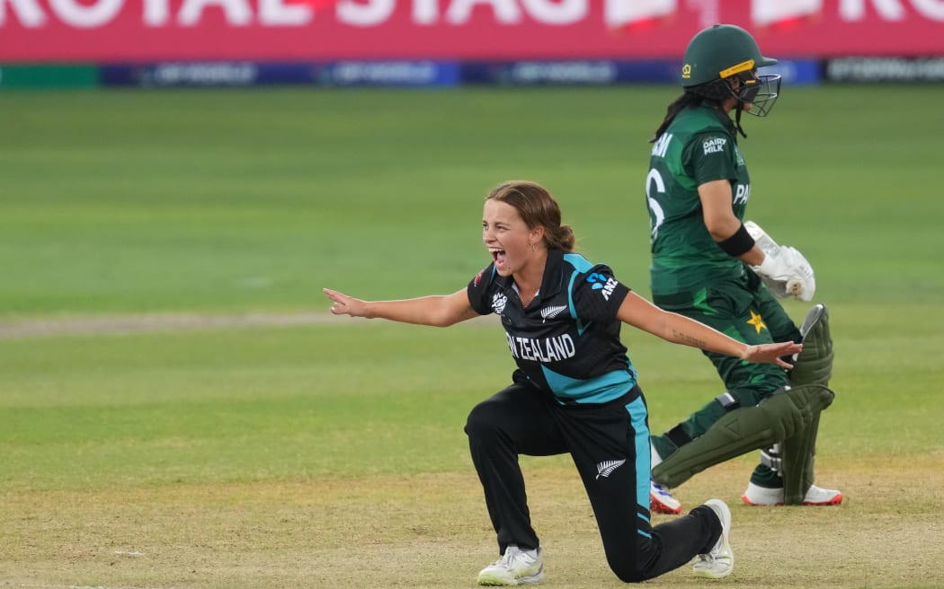 Eden Carson of New Zealand appeals during the New Zealand White Ferns v Pakistan Women, ICC Women’s T20 World Cup, 2024.