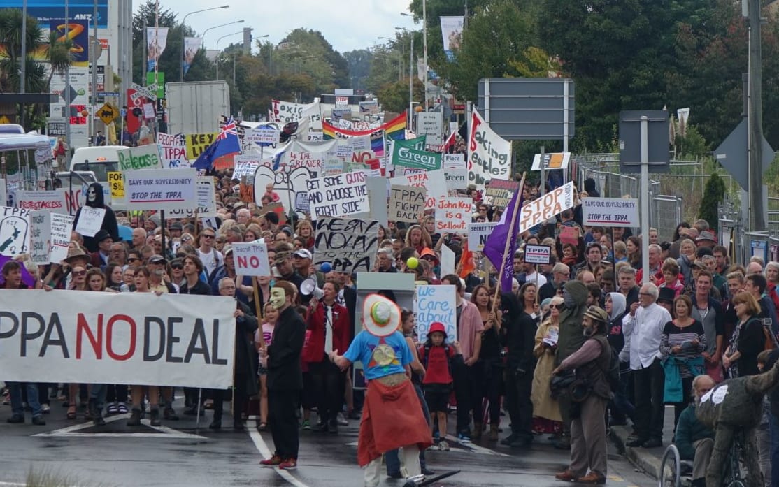 Protestors on Riccarton Street, Christchurch.