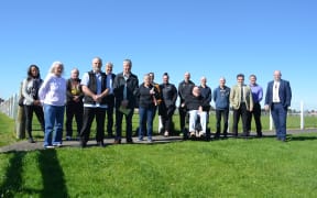 Members of the multi-sport hub reference group at the launch of the plans 3 September 2020 on site.