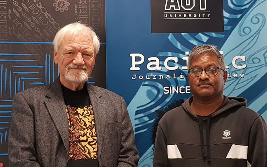 The Pacific Media Centre’s team working in collaboration with Internews’ Earth Journalism Network on climate change and the pandemic . . . then centre director Professor David Robie and Pacific Media Watch contributing editor Sri Krishnamurthi.