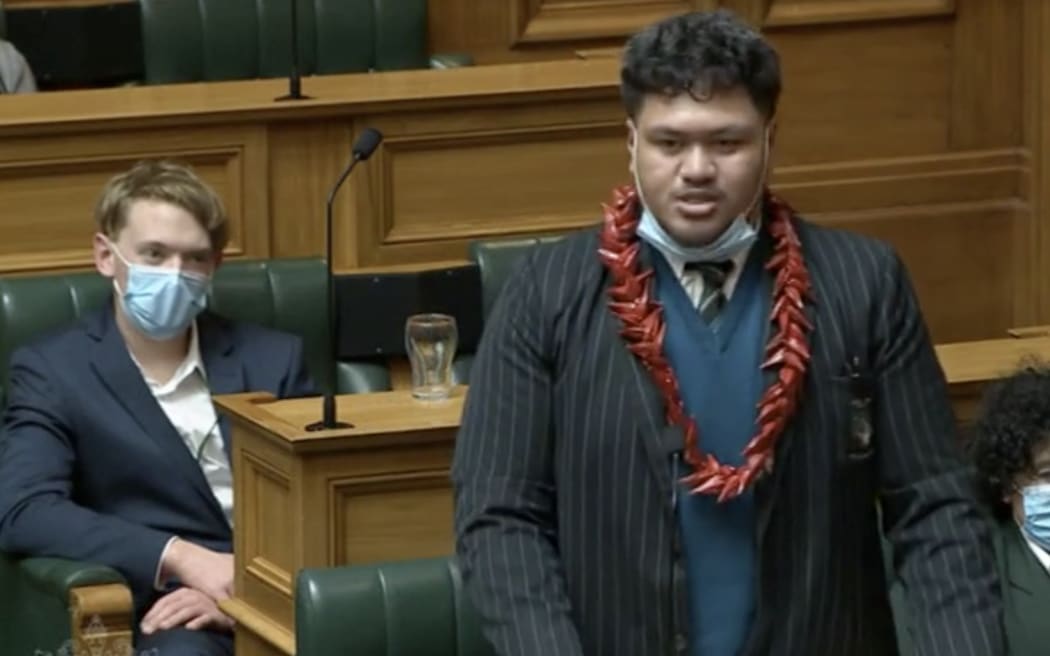 Trinity Kapeli sharing his story among fellow Youth MPs, calling for additional support for Pasifika who sacrifice their education to support their families. July 2022