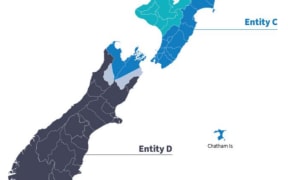 Proposed new Three Waters reform entities for New Zealand.