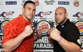 Joseph Parker and Jason Bergman square off ahead of their "Rumble in Paradise" fight in Apia.