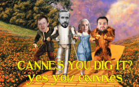 the heads of Adam Goodall, Judah Finnigan, Jane Campion, and Ryan Gosling, photoshopped onto a still from hte Wizard of Oz. With the text "cannes you dig it, yes you cannes"