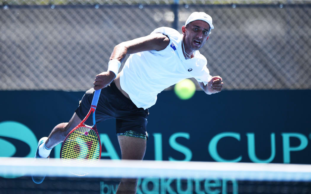 Ajeet Rai of New Zealand during his Davis Cup match. Wilding Park, Christchurch, New Zealand. Saturday 4 February 2023.