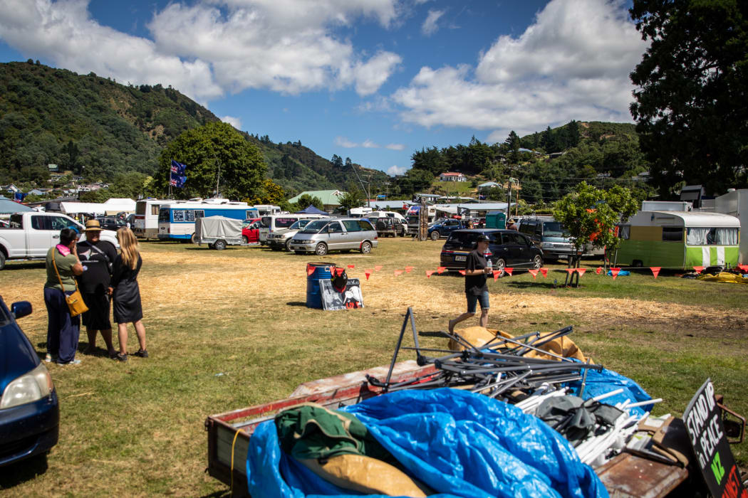 A group of people have been protesting against Covid-19 vaccine mandates at Nelson Square Reserve, Picton, since 7 February.