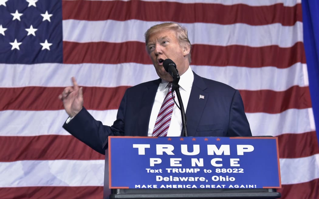 Republican presidential nominee Donald Trump speaks during a rally at the Delaware County Fair in Delaware, Ohio.