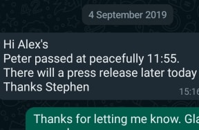 Alex receives word of Peter Ellis' death