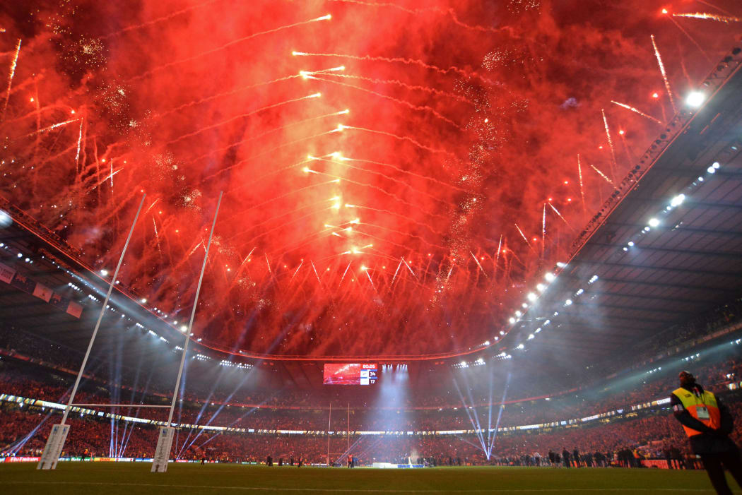 A general view of the stadium as fireworks go off afterthe Rugby World Cup Final between New Zealand (All Blacks) and Australia at Twickenham stadium in London, England, on October 31, 2015. Photo Mitch Gunn / BPI / DPPI