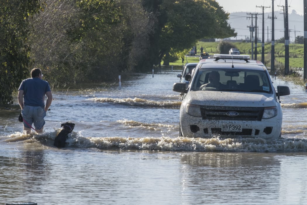 A person takes his dog through floodwaters on Otaiki Road, as council vehicles drive through the morning after the town of Edgecumbe was flooded by a burst stopbank.    Friday 7 April 2017
