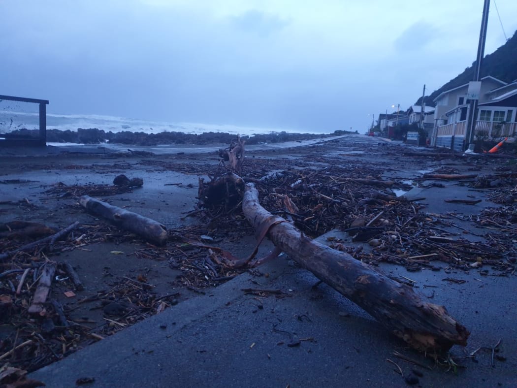 Debris on the shore after southerly gales and large swells at Owhiro Bay, Wellington, 2 July 2020.