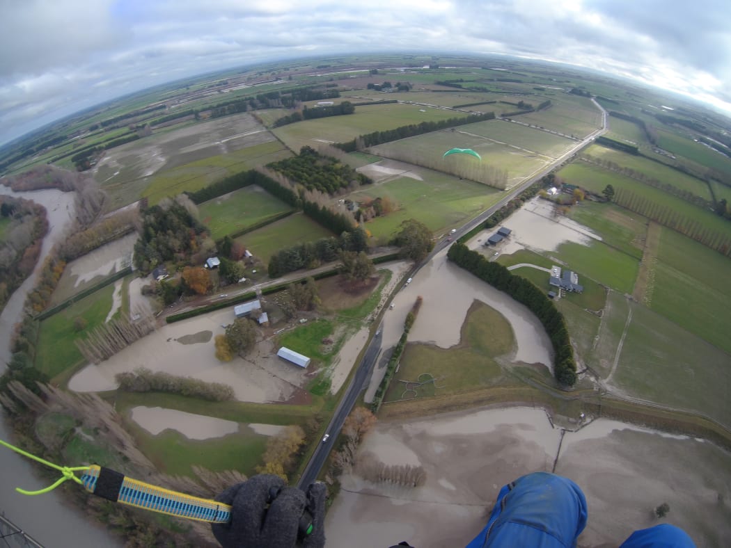 An aerial view of flood damage around farms and roads in Mid-Canterbury