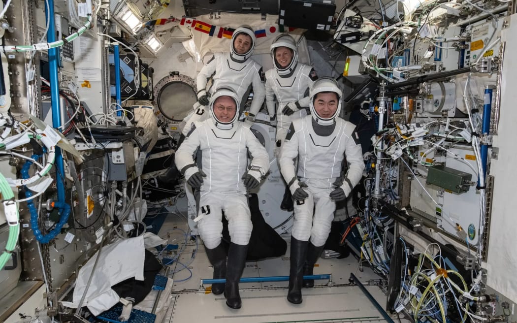 Clockwise from bottom left are, NASA astronaut Mike Fincke, Roscosmos cosmonaut Oleg Platonov, NASA astronaut Zena Cardman, and JAXA (Japan Aerospace Exploration Agency) astronaut Kimiya Yui.