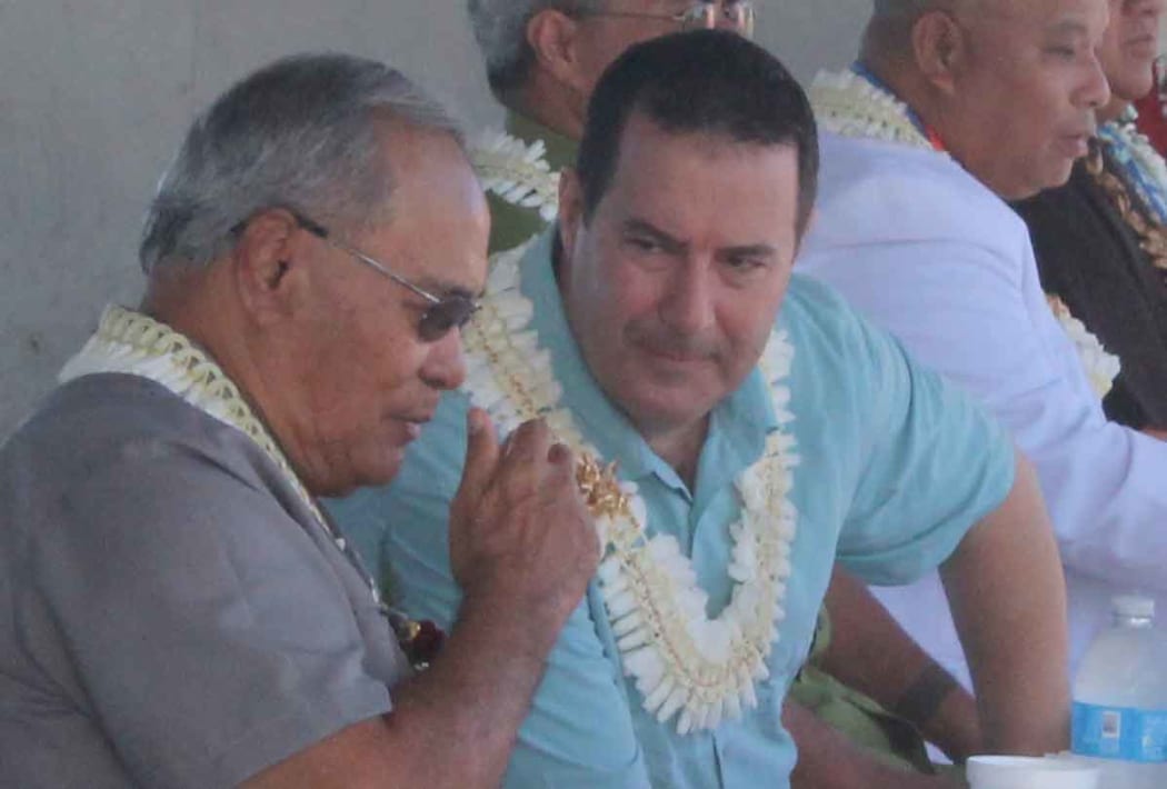 American Samoa’s governor, Lolo Moliga (left) talking with Hawaiki chief executive officer Remi Galasso before the start of the Hawaiki cable landing ceremony at Tafuna, American Samoa.