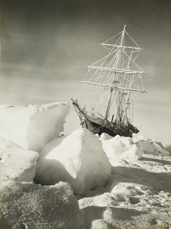 An image of the ice-trapped Endurance taken by Frank Hurley.
