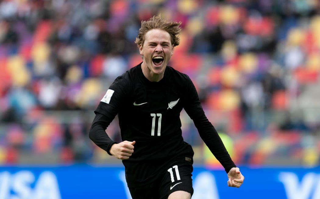 Norman Garbett of New Zealand celebrates after scoring a goal against Guatemala in the FIFA U-20 World Cup group match.