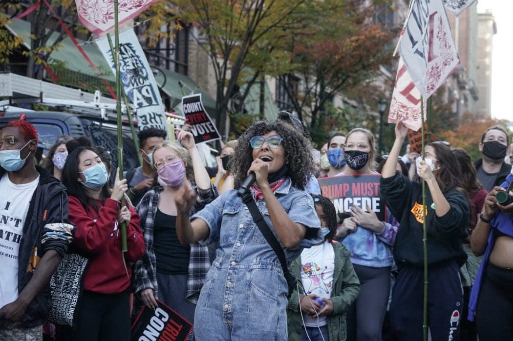 PHILADELPHIA, PENNSYLVANIA - NOVEMBER 06: Activist Samantha Rise speaks during a Voting and Democracy celebration at the Philadelphia Convention Center on November 06, 2020 in Philadelphia, Pennsylvania.