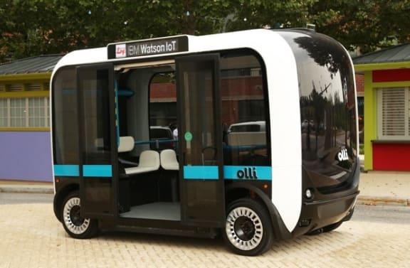 A driverless bus on the road in Fort Washington, Maryland.