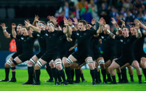 The All Blacks perform the Haka during the 2015 Rugby World Cup Pool C match between New Zealand and Namibia at the Olympic Stadium on September 24, 2015 in London, United Kingdom.