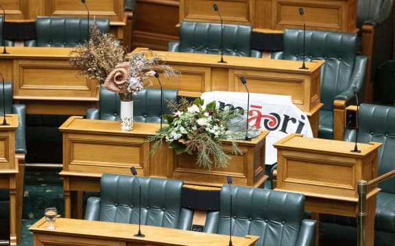 Wreaths on the House seat of Te Pāti Māori MP Takutai Tarsh Kemp.