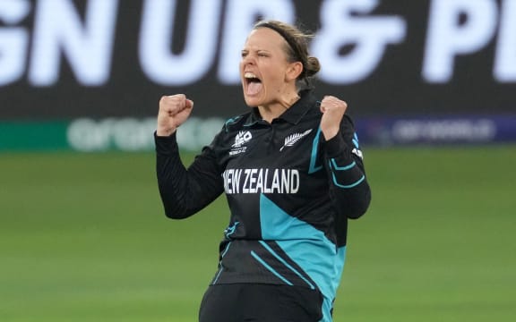 Lea Tahuhu of New Zealand celebrates a wicket during the 2024 T20 World Cup.