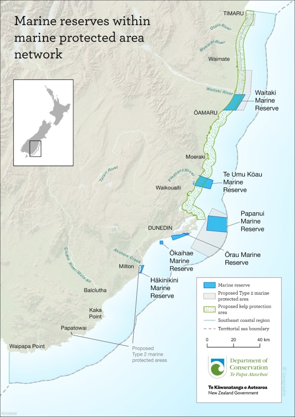The six new marine reserves announced by the Labour government to cover parts of the South Island. The reserves would come into force in mid-2024.