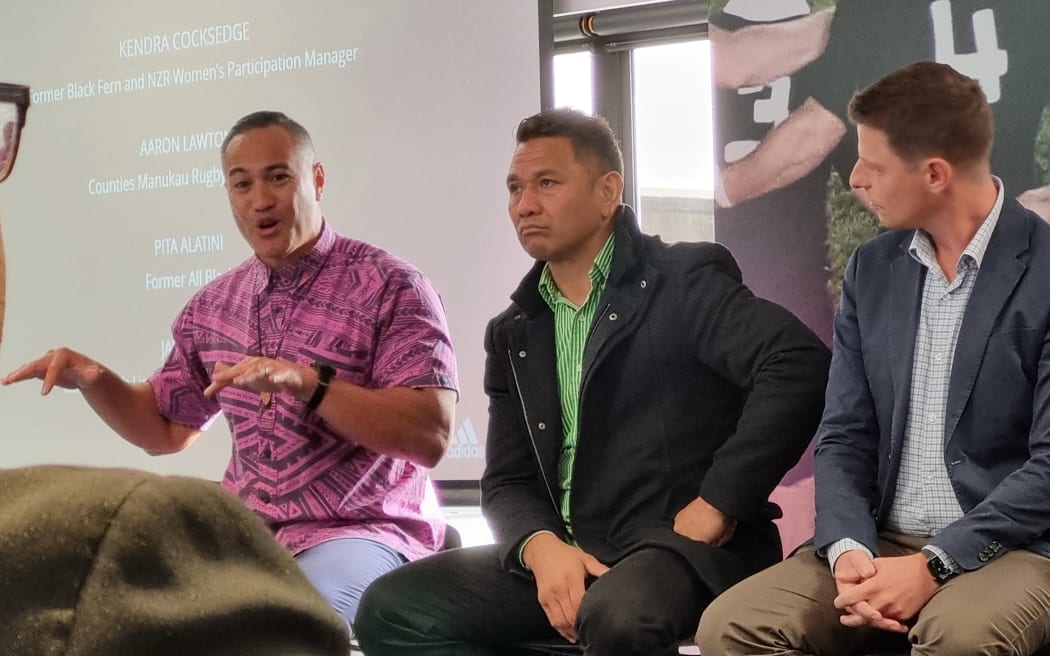 Jason Tiatia left, former All Black Pita Alatini middle and Counties Manukau CEO Aaron Lawton at the NZRU's Mind. Set. Engage programme