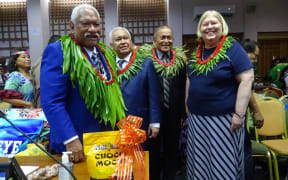 New Marshall Islands President David Kabua, second from right, shortly after being elected Monday morning at the Nitijela (parliament).
