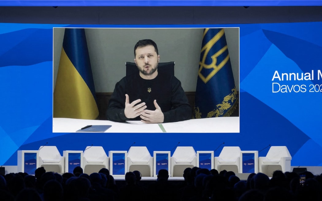 Volodymyr Zelensky speaks at the WEF meeting in Davos.