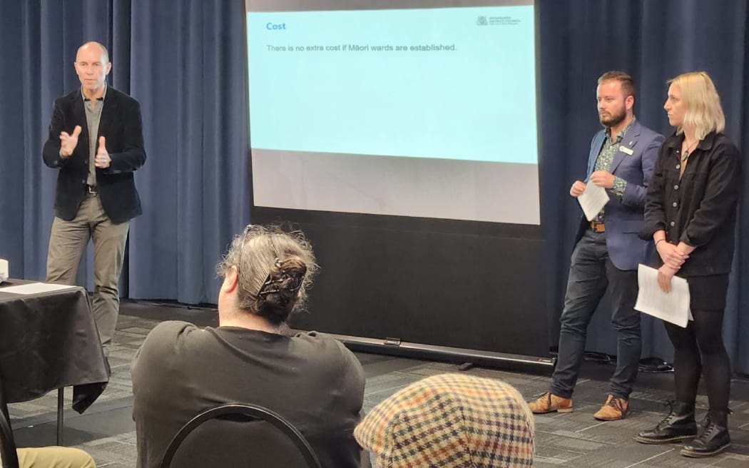 Whanganui Mayor Andrew Tripe (far left) and councillors Josh Chandulal-Mackay and Charlotte Melser field challenges over a "fundamentally flawed" Māori electoral system.