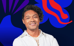 Host Siliga Sani Muliaumaseali'i stands in front of background of abstract shapes