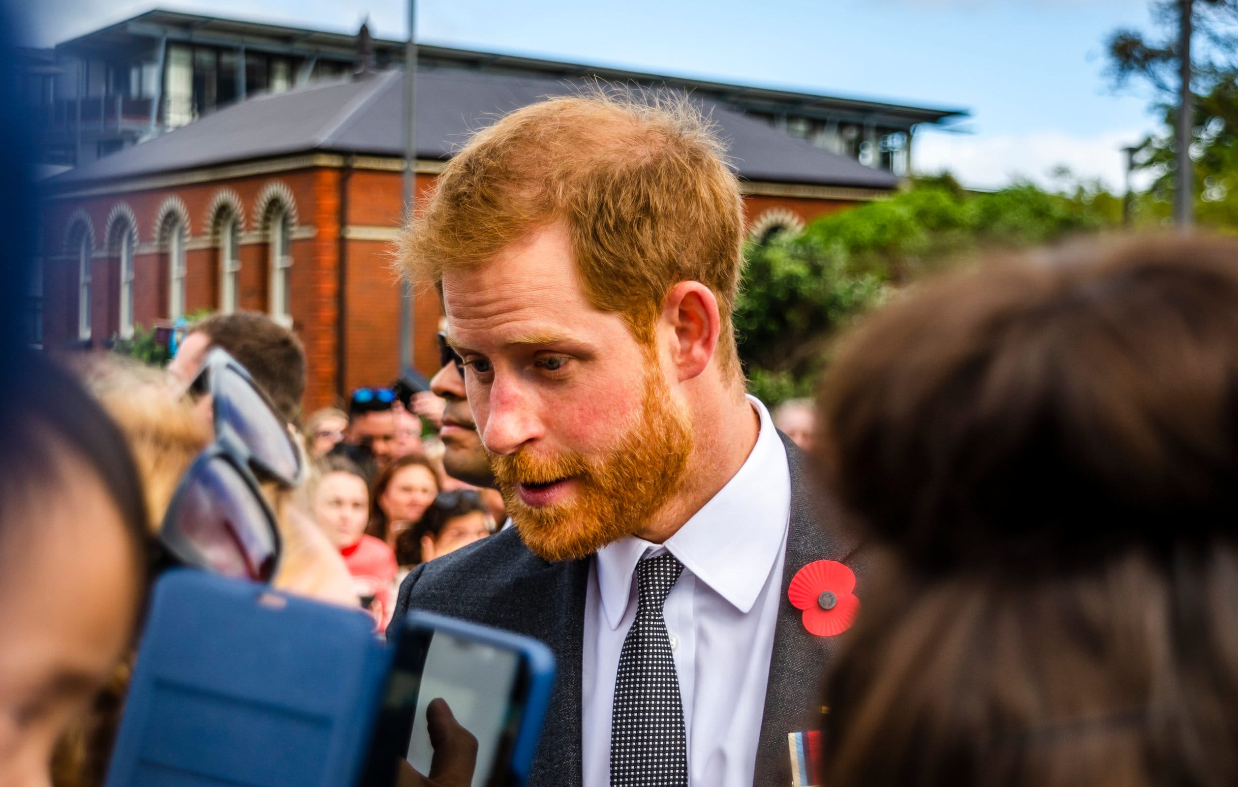 Wellington, New Zealand - October 28, 2018: The Duke of Sussex chat with members of the crowd at the Wellington War Memorial in New Zealand.