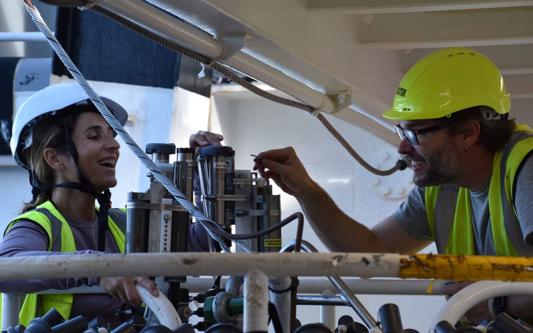 ARGO voyage 2023 - Nathalie Zilberman (UCSD) and Charlie Branham (Seabird Scientific) on board NIWA's RV Tangaroa working on the CTD - an instrument used to calibrate sensors for argo floats.