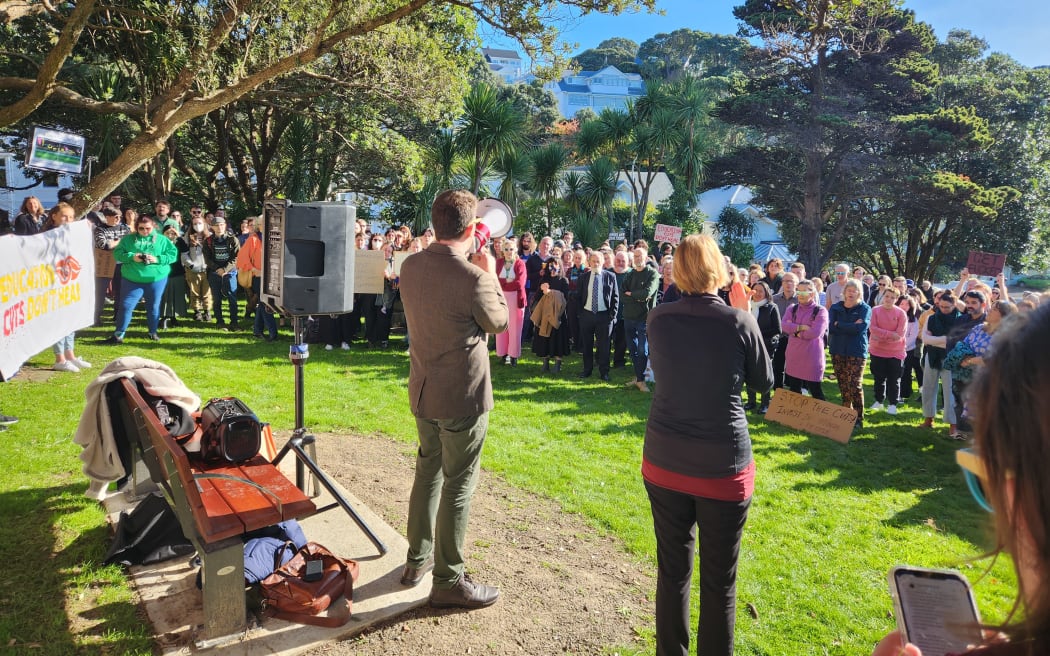 Staff and students rally at Victoria University on 21 June, 2023.