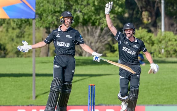 Kristian Clarke, left, and Joey Field celebrate a New Zealand win at the U19 World Cup.