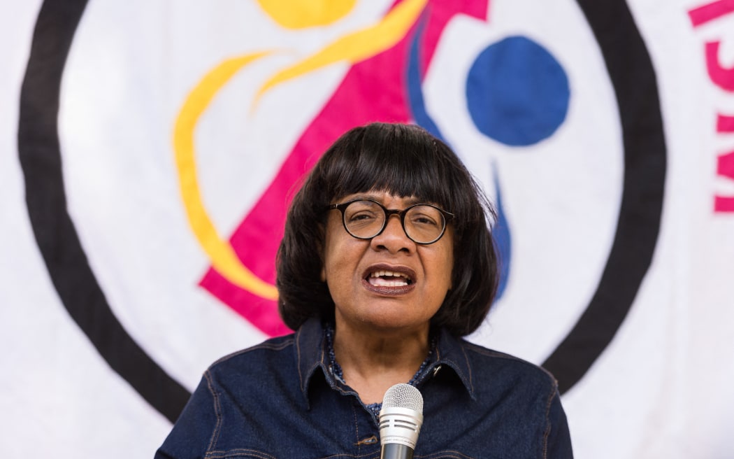 LONDON, UNITED KINGDOM - JULY 17, 2021: Labour Party MP Diane Abbott speaks during protest outside Downing Street in solidarity with England team football players Marcus Rashford, Jadon Sancho and Bukayo Saka who became subject of racist abuse following the penalty shoot out in the Euro 2020 final, on July 17, 2021 in London, England. (Photo by WIktor Szymanowicz/NurPhoto) (Photo by WIktor Szymanowicz / NurPhoto / NurPhoto via AFP)