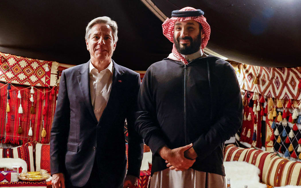 US Secretary of State Antony Blinken's meets with Saudi Crown Prince Mohammed bin Salman at al-Ula in northwestern Saudi Arabia on January 8, 2024, during his week-long trip aimed at calming tensions across the Middle East. (Photo by EVELYN HOCKSTEIN / POOL / AFP)