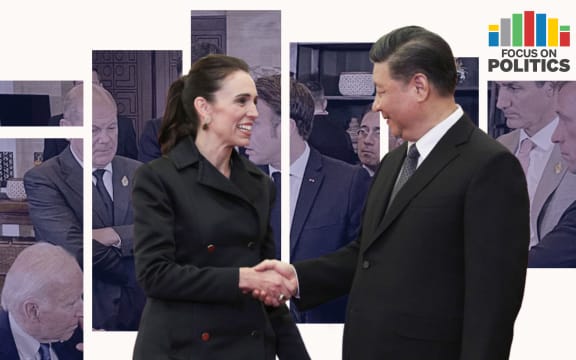 Jacinda Ardern and Xi Jinping shaking hands, with other G20 leaders in the background.