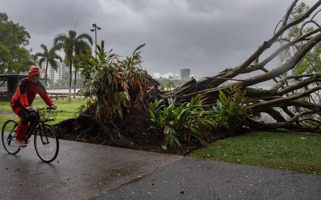 A man cycles past a downed tree as inclement weather from Cyclone Jasper impacts Cairns in far north Queensland on December 13, 2023. Tropical Cyclone Jasper hit northeast Australia on December 13, leaving thousands of people in coastal communities without power and preparing for potentially "life-threatening" floods. (Photo by Brian CASSEY / AFP)