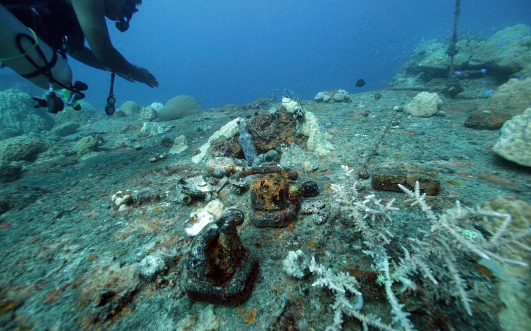 The Japanese ocean liner Heianmaru is sunk in Chuuk State of the Federated States of Micronesia on Oct. 25, 2023. A telephone which seems to be carried out by a diver was still left on the ship which was attacked by US Navy and sunk during Operation Hailstone in 1944 February.  ( The Yomiuri Shimbun ) (Photo by Manabu Kato / The Yomiuri Shimbun via AFP)