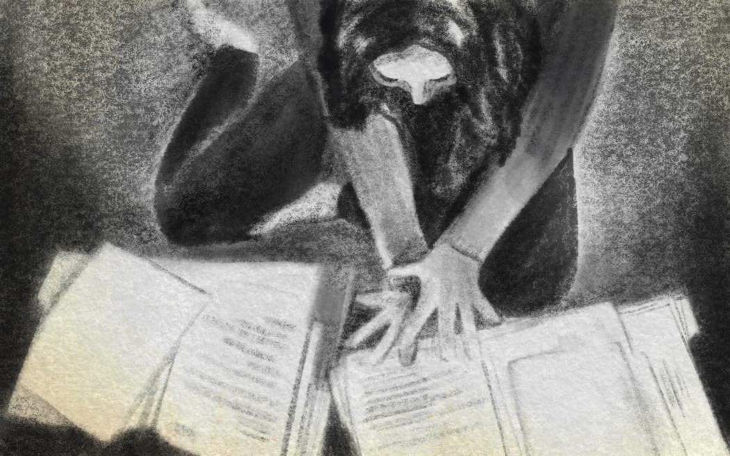 Charcoal sketch of woman looking at many documents