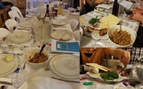 Food on the Passover table, including the traditional charoset and Matzah bread.