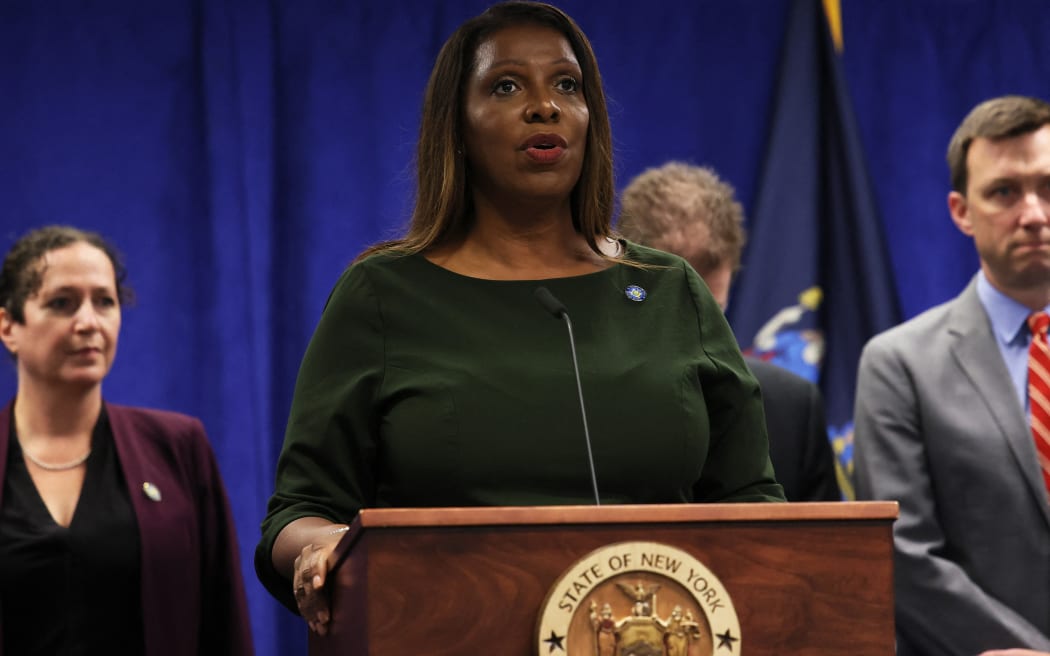 New York Attorney General Letitia James speaks at a media conference after announcing her office was suing former President Donald J. Trump and his children.