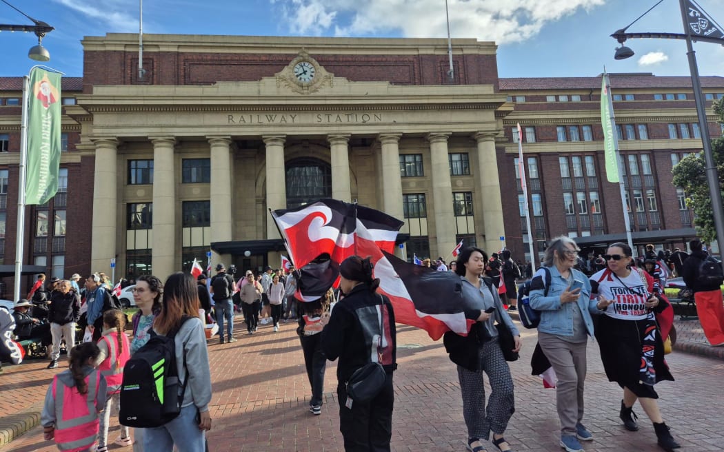 Hundreds flooding the street from the train station to Waitangi Park.