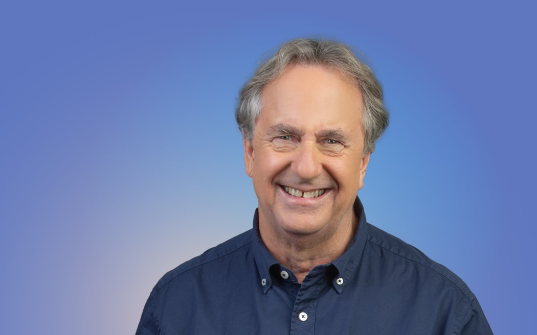 Host Jim Mora on a soft blue background with the title of the programme "Sunday Morning" and an RNZ logo