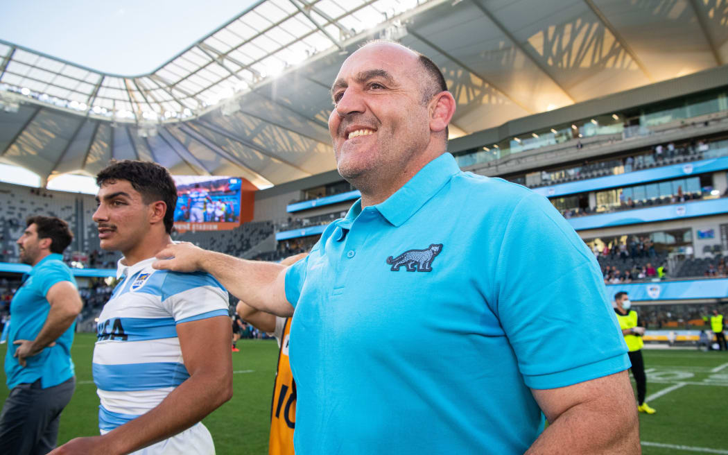 Argentina's Santiago Carreras and head coach Mario Ledesma after beating the All Blacks 2020.