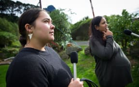 (L-R) Kahu Kutia and Pare Sannyasi in the grounds of Tapu Te Ranga marae