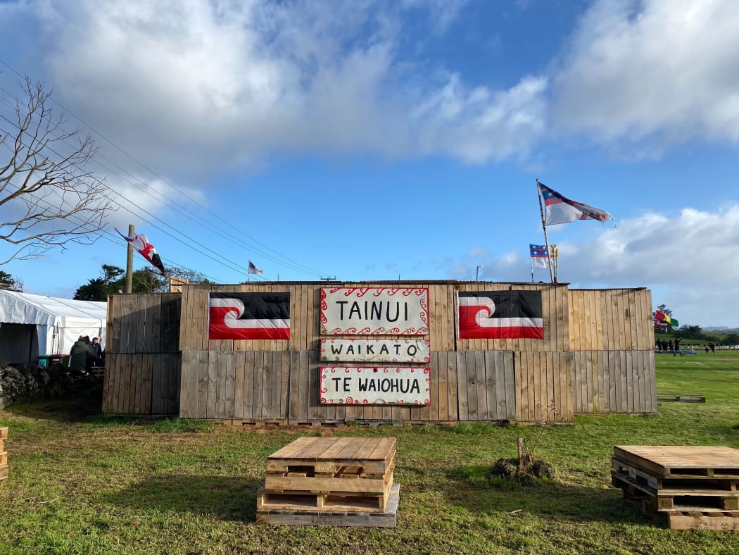 Ihumātao occupiers gathered to mark a year since the eviction notice for the disputed land was served, 23 July 2020.