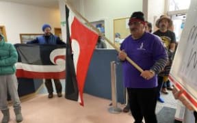 Activists with the Tino Rangatiratanga flag occupied the lobby of the SWDC office in Martinborough in 2021.