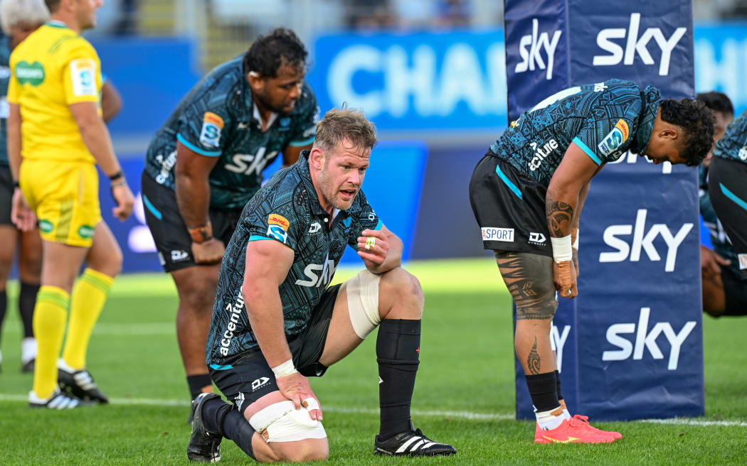 Tom Savage of Moana Pasifika and team mates dejected. Moana Pasifika v Blues, round 6 of the Super Rugby Pacific at Eden Park, Auckland, New Zealand on Saturday 30 March 2024.